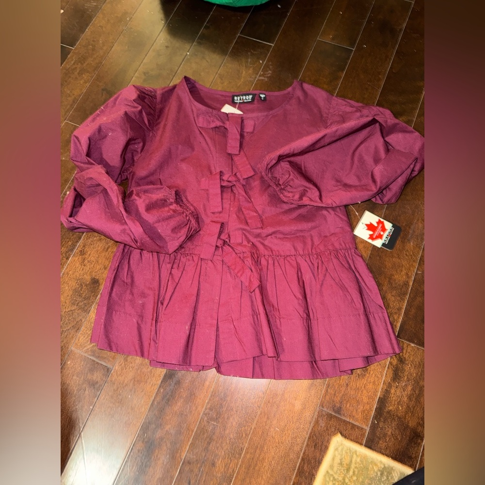NWT RETROD Burgundy front tie blouse with Ruffle Details